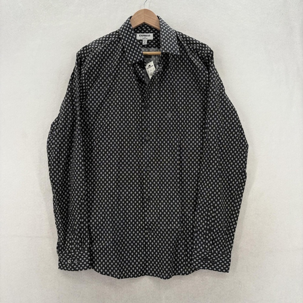 Express Shirt Mens Large 16-16.5 34/35 Black Geo Print Extra Slim Dress NWT